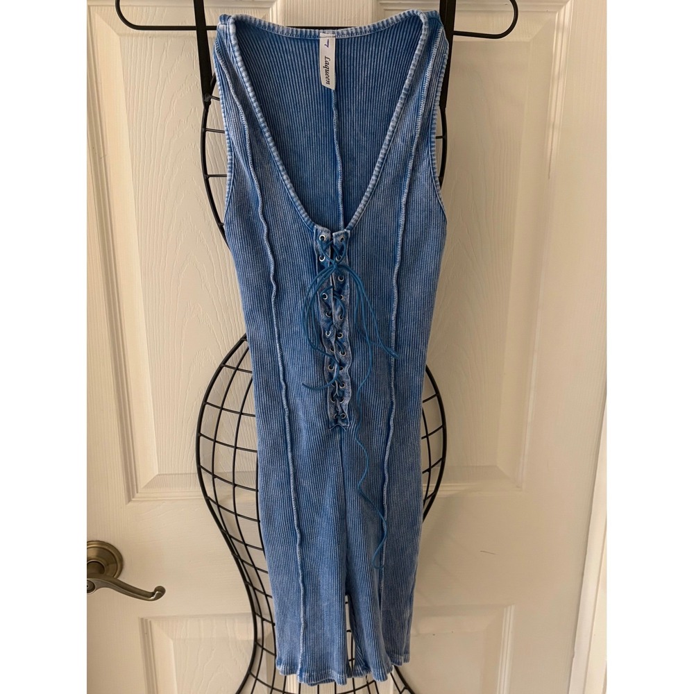 Laqueen Blue Mineral Wash Ribbed Lace Up Sleeveless Romper Stretch Sz L